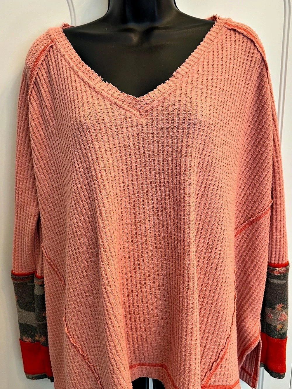 We The Free Pink Color Block V-Neck Sweater